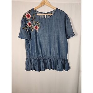 Chelsea & Theodore Peplum Embroidered Floral Top Chambray Blouse Boho Womens L